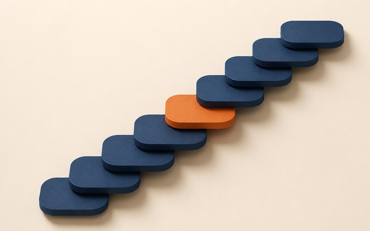 Schema: neun Stufen als Weg, eine Stufe orange